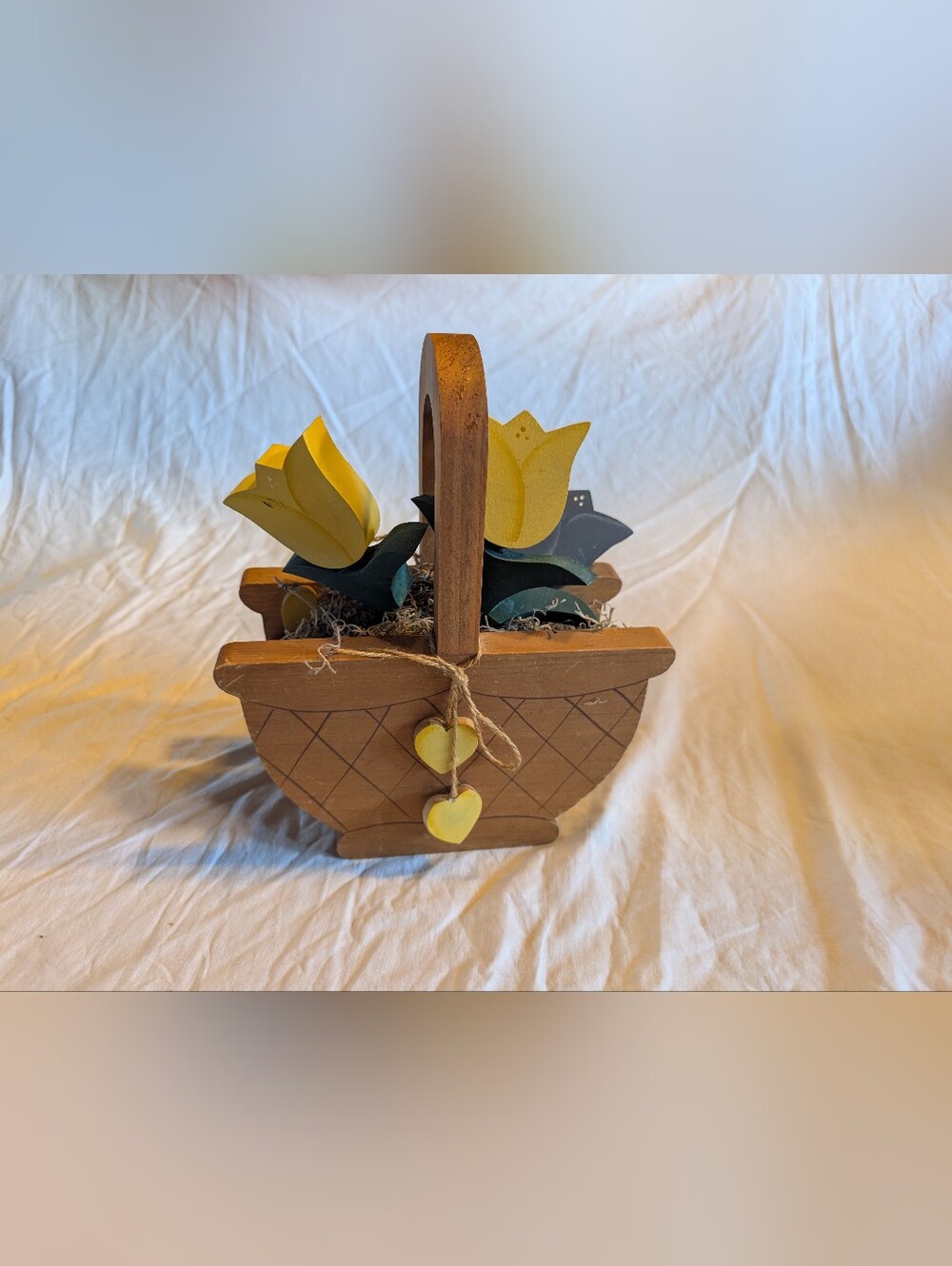 2/60$ Vintage Wooden Basket Decoration with Yellow Tulip Accents